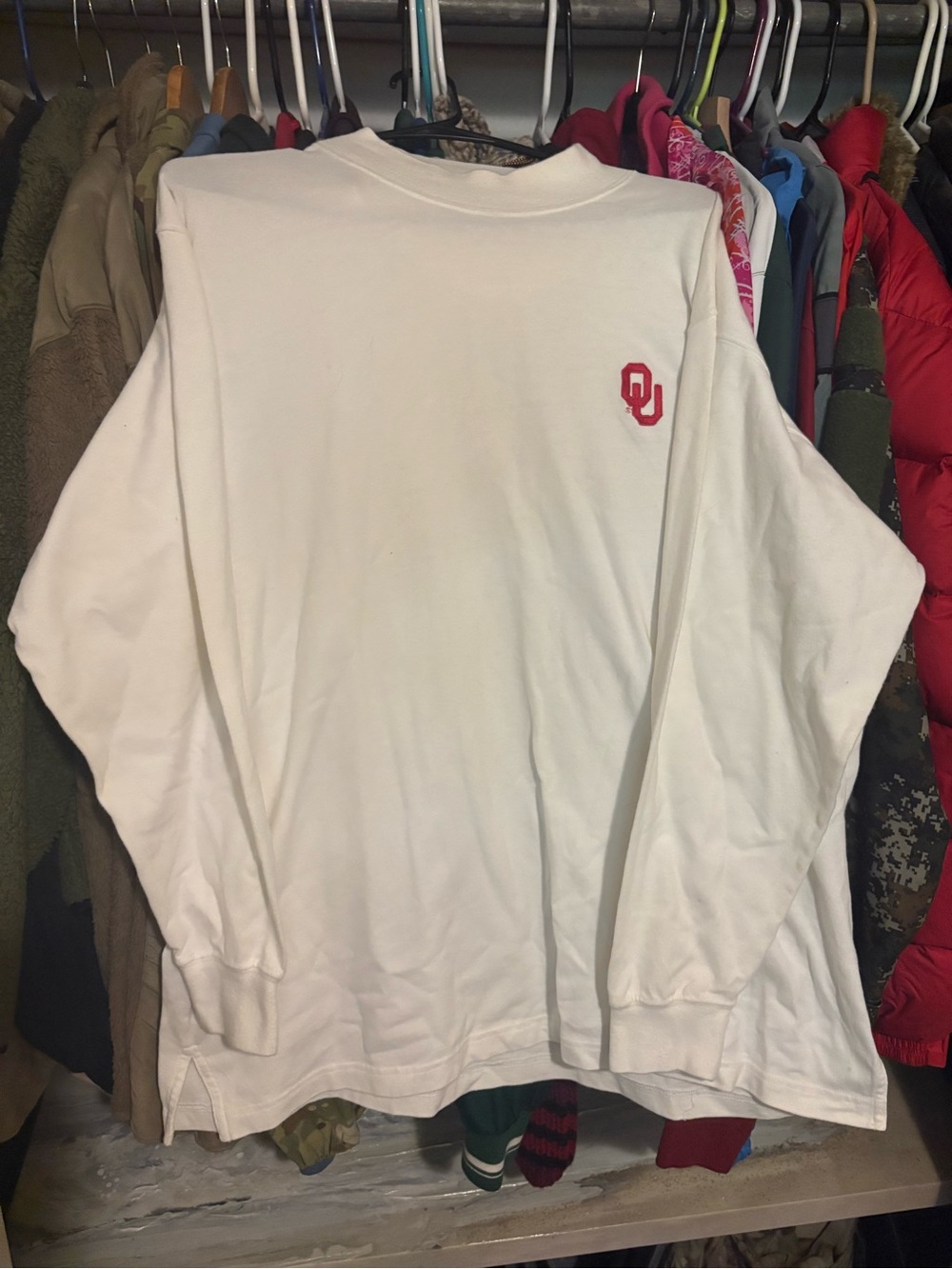 Large White Mockneck Sweatshirt with Red OU Logo